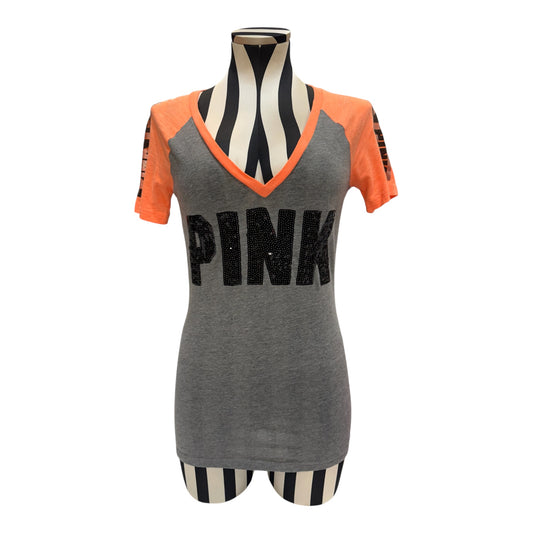 Victoria's Secret PINK Gray & Orange V-Neck Top w/ Black 'PINK' Text.