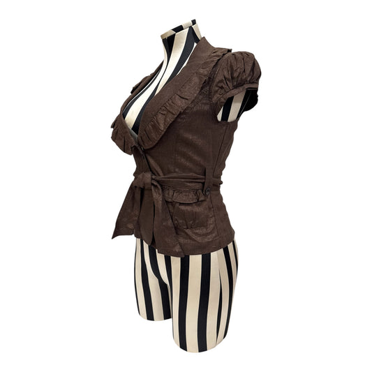 Joit Brown Ruffle Blouse w/ Tie Waist & Button Detail