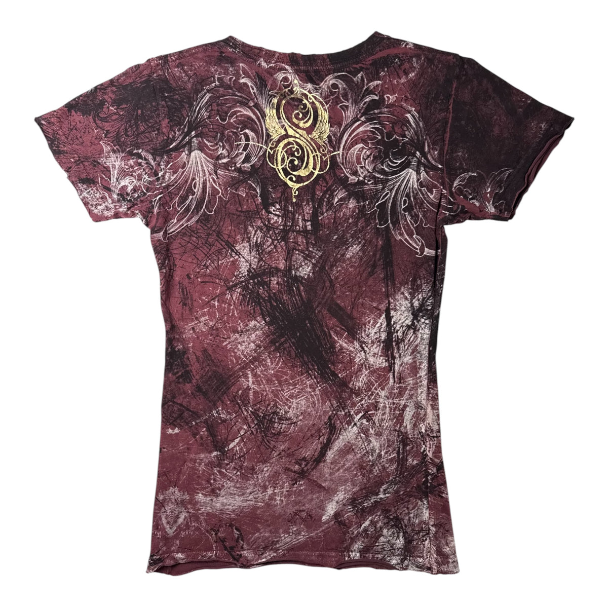 Sinful By Affliction Burgundy Tee w/ Gold 'Sinful' Text & Angel Graphic