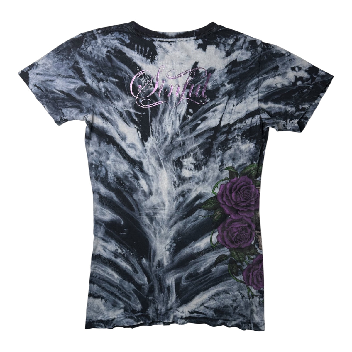 Sinful By Affliction Tee w/ Purple Roses & Skull Graphic