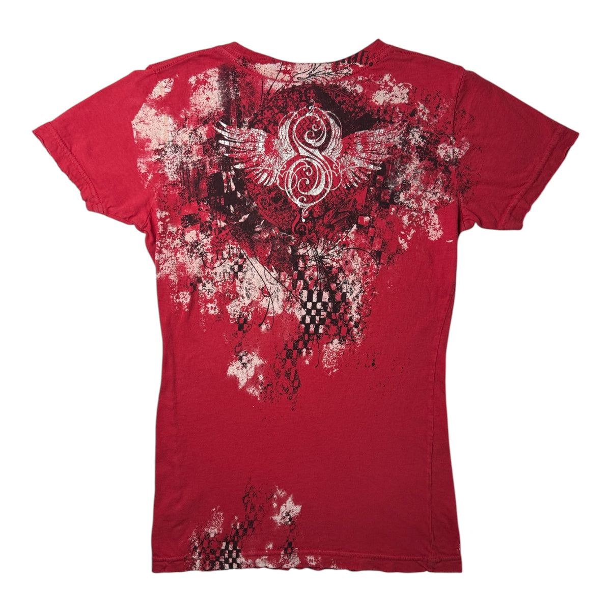 Sinful By Affliction Red Graphic Tee w/ Stylized Bird & Checkered Patterns