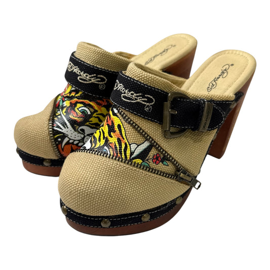 Ed Hardy Tiger Print Canvas High Heels with Buckle & Zip Details