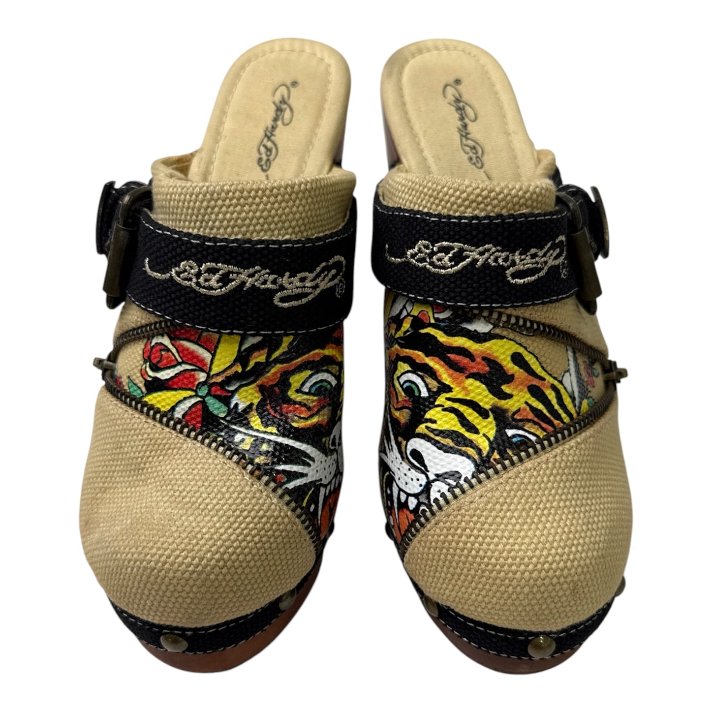 Ed Hardy Tiger Print Canvas High Heels with Buckle & Zip Details