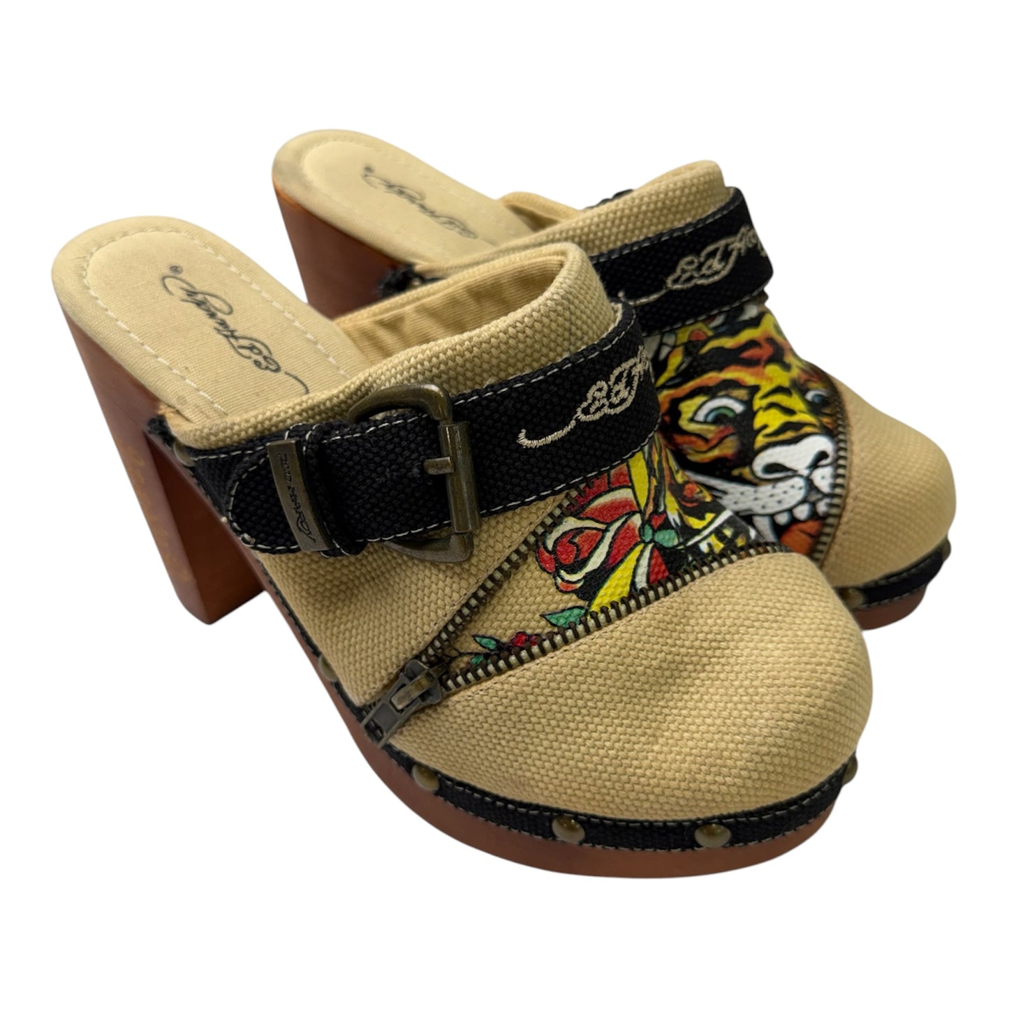Ed Hardy Tiger Print Canvas High Heels with Buckle & Zip Details