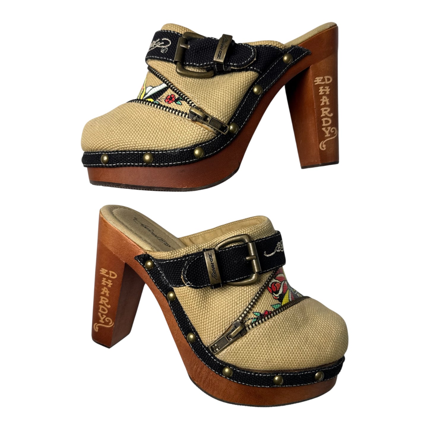 Ed Hardy Tiger Print Canvas High Heels with Buckle & Zip Details