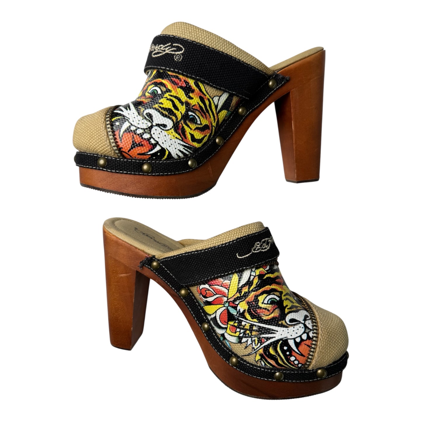 Ed Hardy Tiger Print Canvas High Heels with Buckle & Zip Details