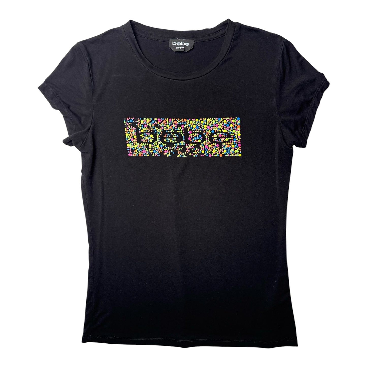 Bebe Black Tee with Multi-Colored Rhinestone Logo