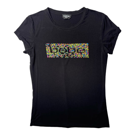 Bebe Black Tee with Multi-Colored Rhinestone Logo