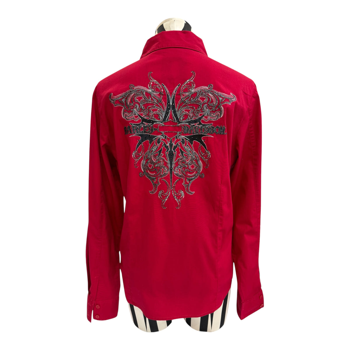 Harley Davidson Red Button-Up Shirt w/ Black Butterfly Graphic on the Back