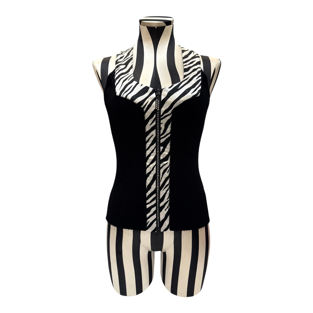 Belldini Black Ribbed Knit Tank Top w/ Zebra Print Detail