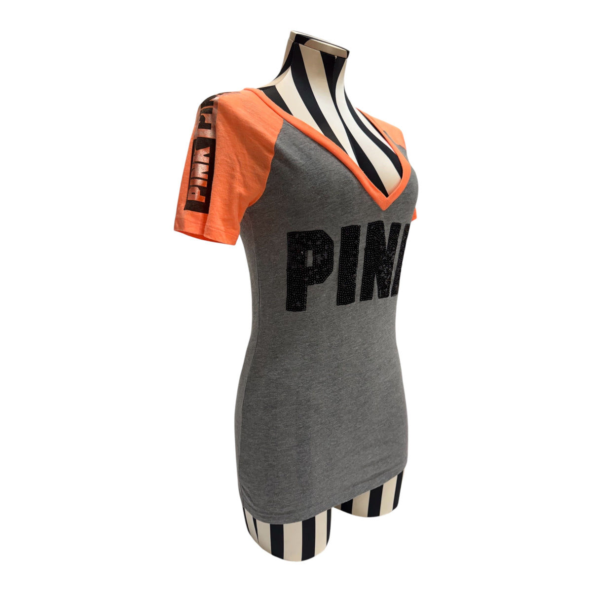 Victoria's Secret PINK Gray & Orange V-Neck Top w/ Black 'PINK' Text.