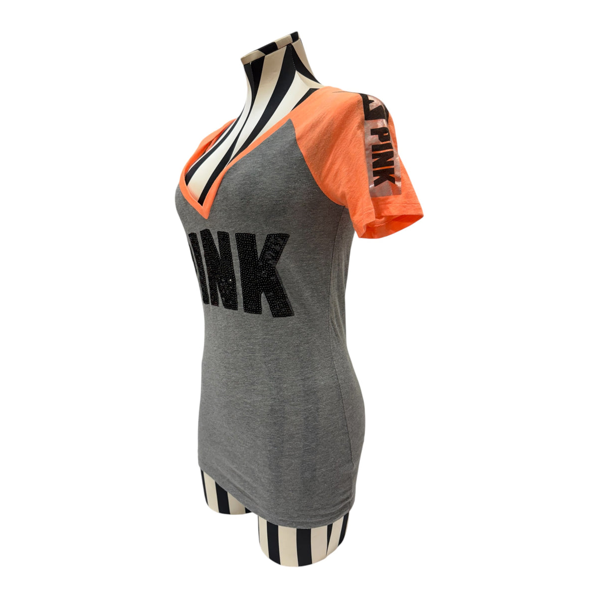 Victoria's Secret PINK Gray & Orange V-Neck Top w/ Black 'PINK' Text.