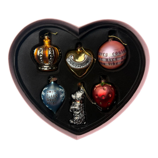 Juicy Couture Christmas 6 Piece Ornament Set in Pink Heart Box