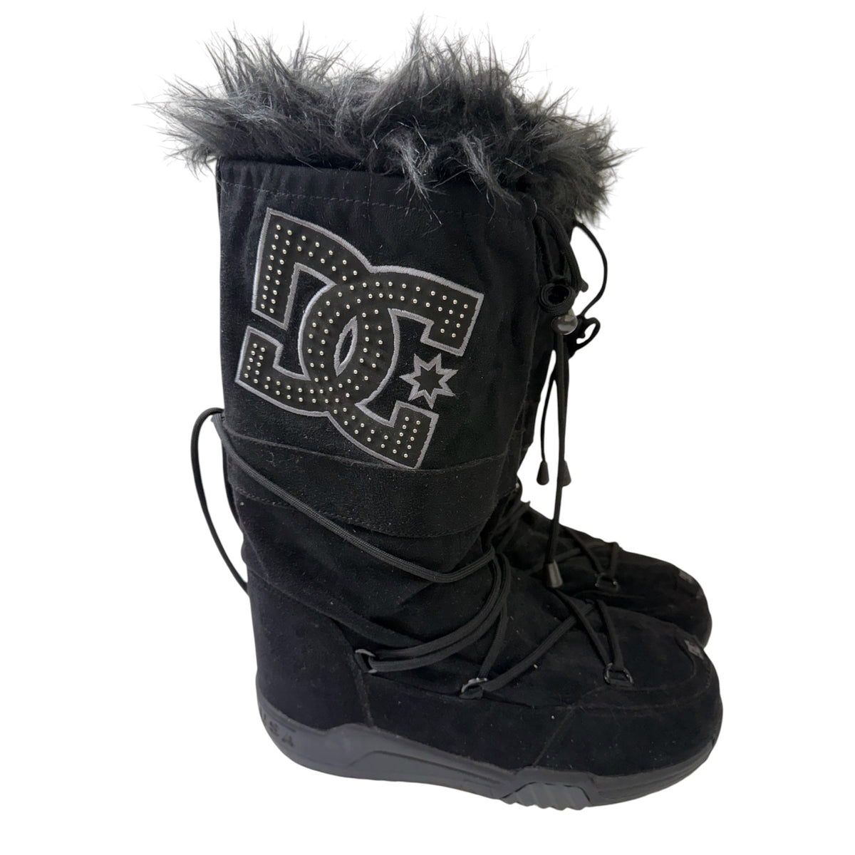 DC Shoes Black Suede Women’s Snow Boots w/ Gray Fur Trim & Lace-Up Design