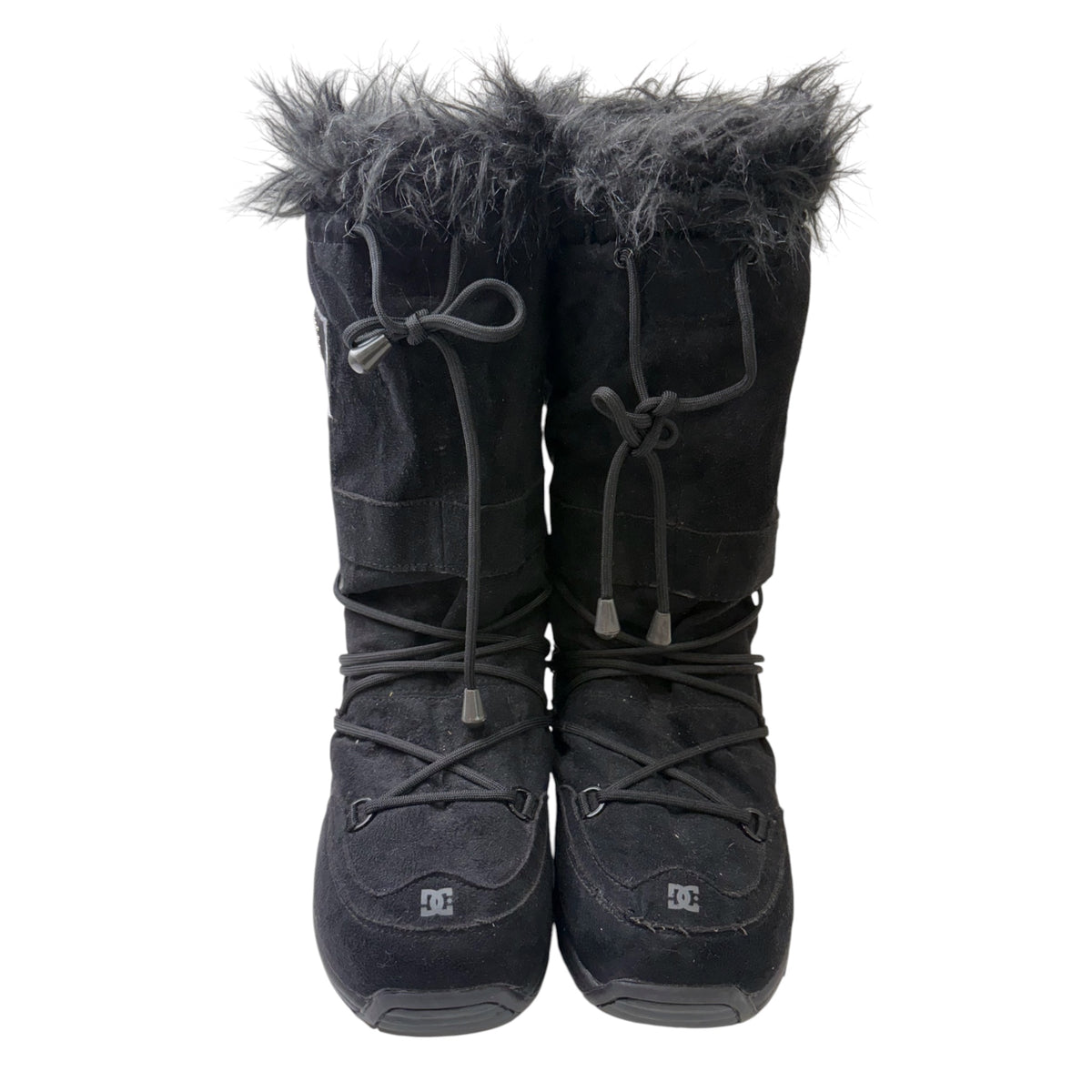 DC Shoes Black Suede Women’s Snow Boots w/ Gray Fur Trim & Lace-Up Design