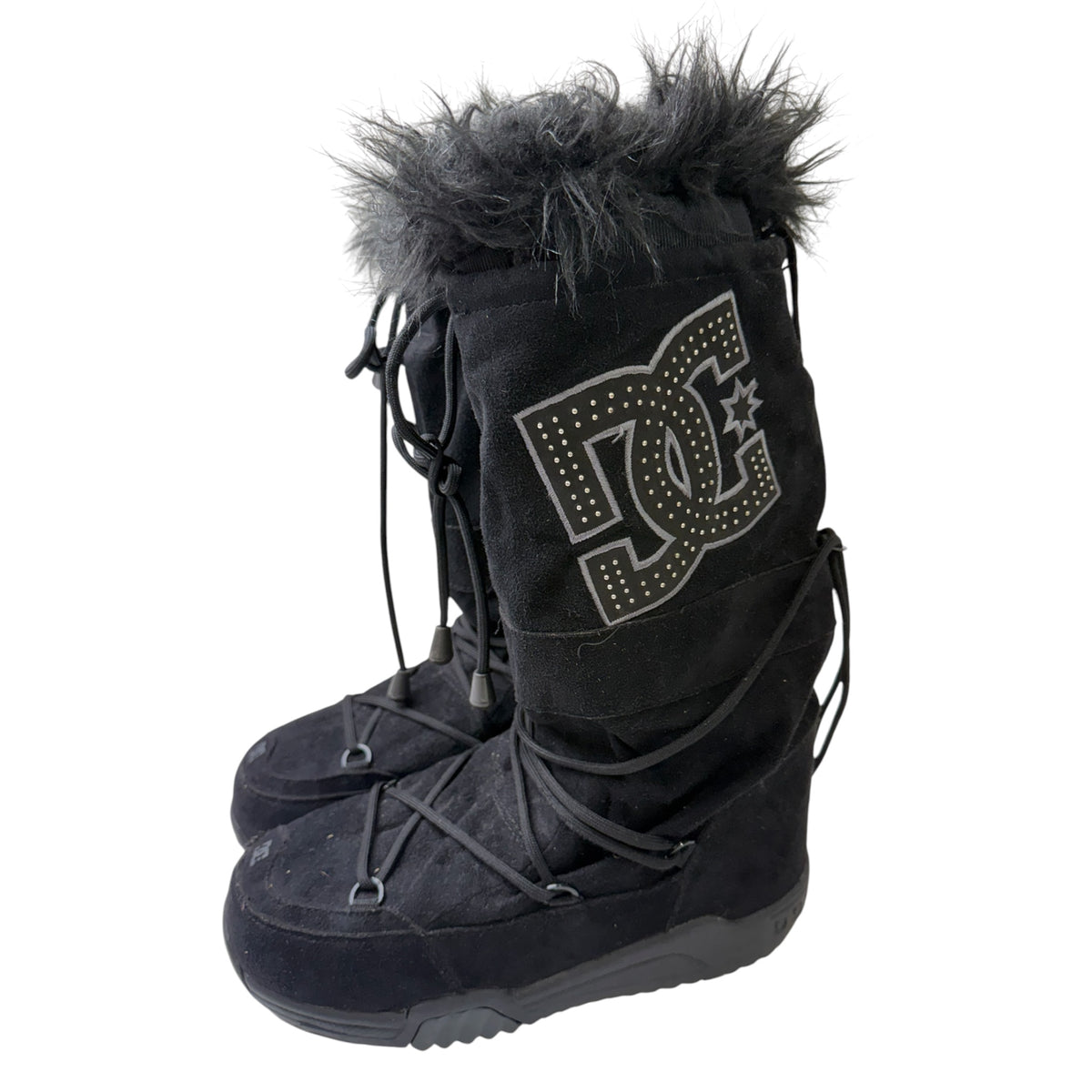DC Shoes Black Suede Women’s Snow Boots w/ Gray Fur Trim & Lace-Up Design