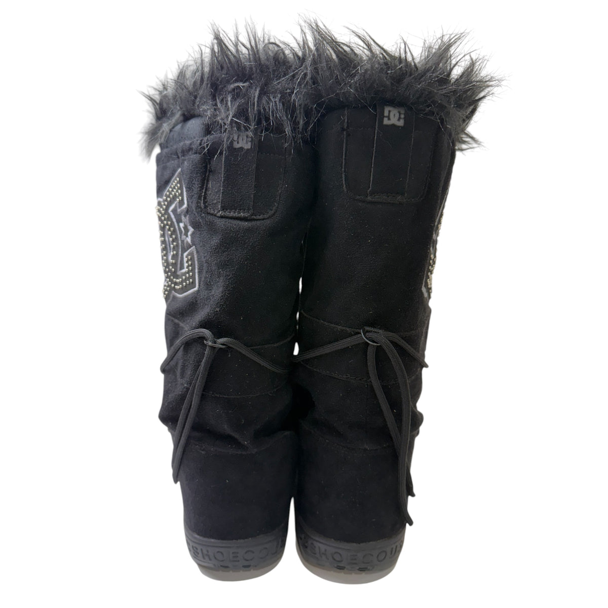 DC Shoes Black Suede Women’s Snow Boots w/ Gray Fur Trim & Lace-Up Design