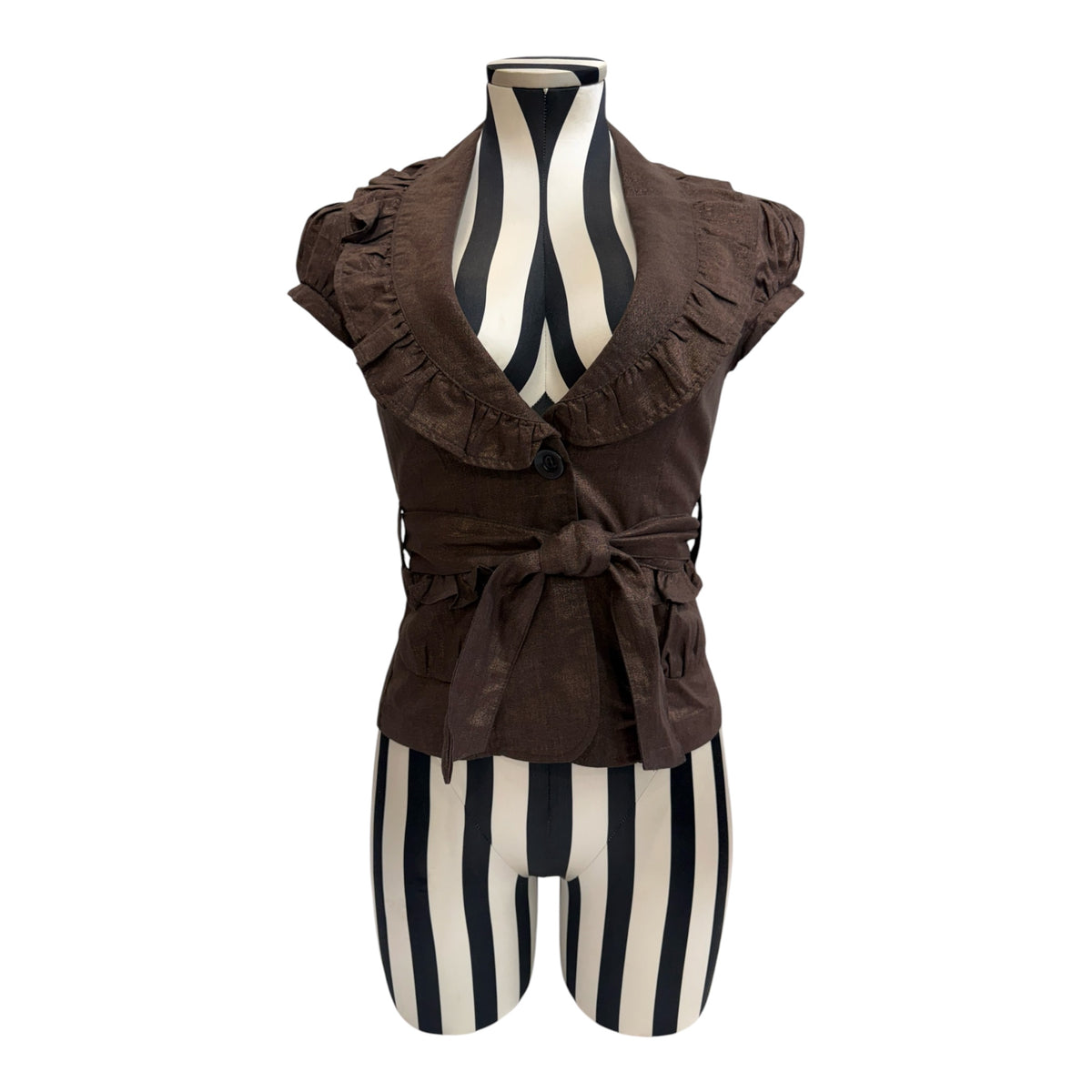 Joit Brown Ruffle Blouse w/ Tie Waist & Button Detail