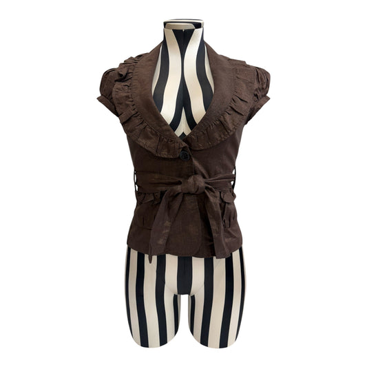 Joit Brown Ruffle Blouse w/ Tie Waist & Button Detail