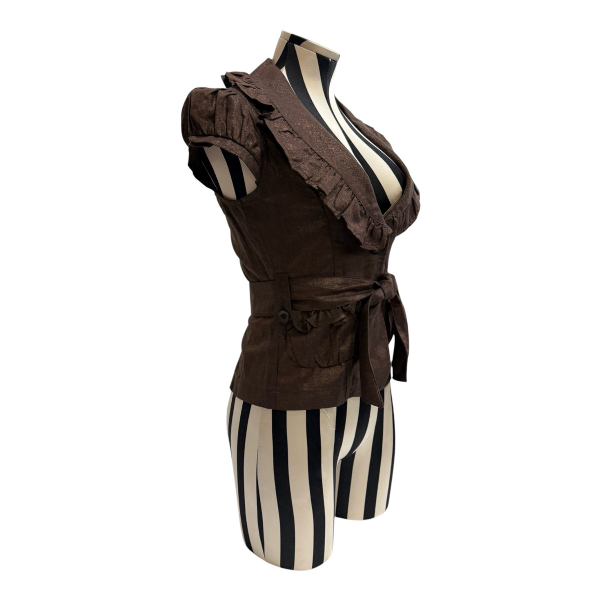 Joit Brown Ruffle Blouse w/ Tie Waist & Button Detail