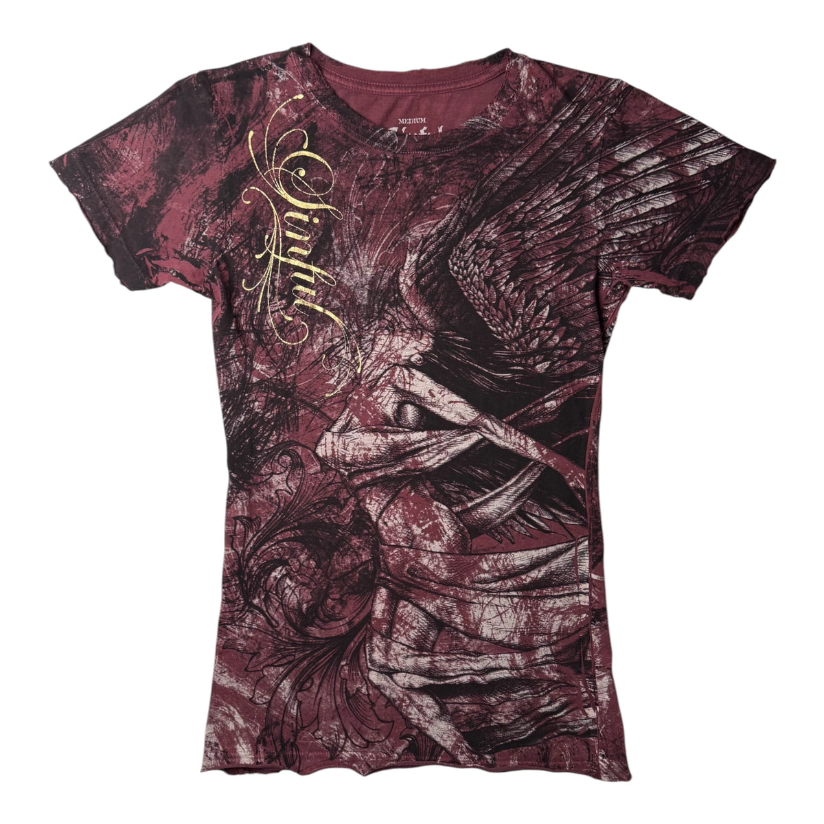Sinful By Affliction Burgundy Tee w/ Gold 'Sinful' Text & Angel Graphic