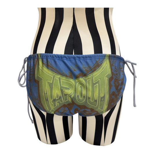 Tapout Bikini Bottoms w/ Green 'TAPOUT' Text on Blue Graphic Background