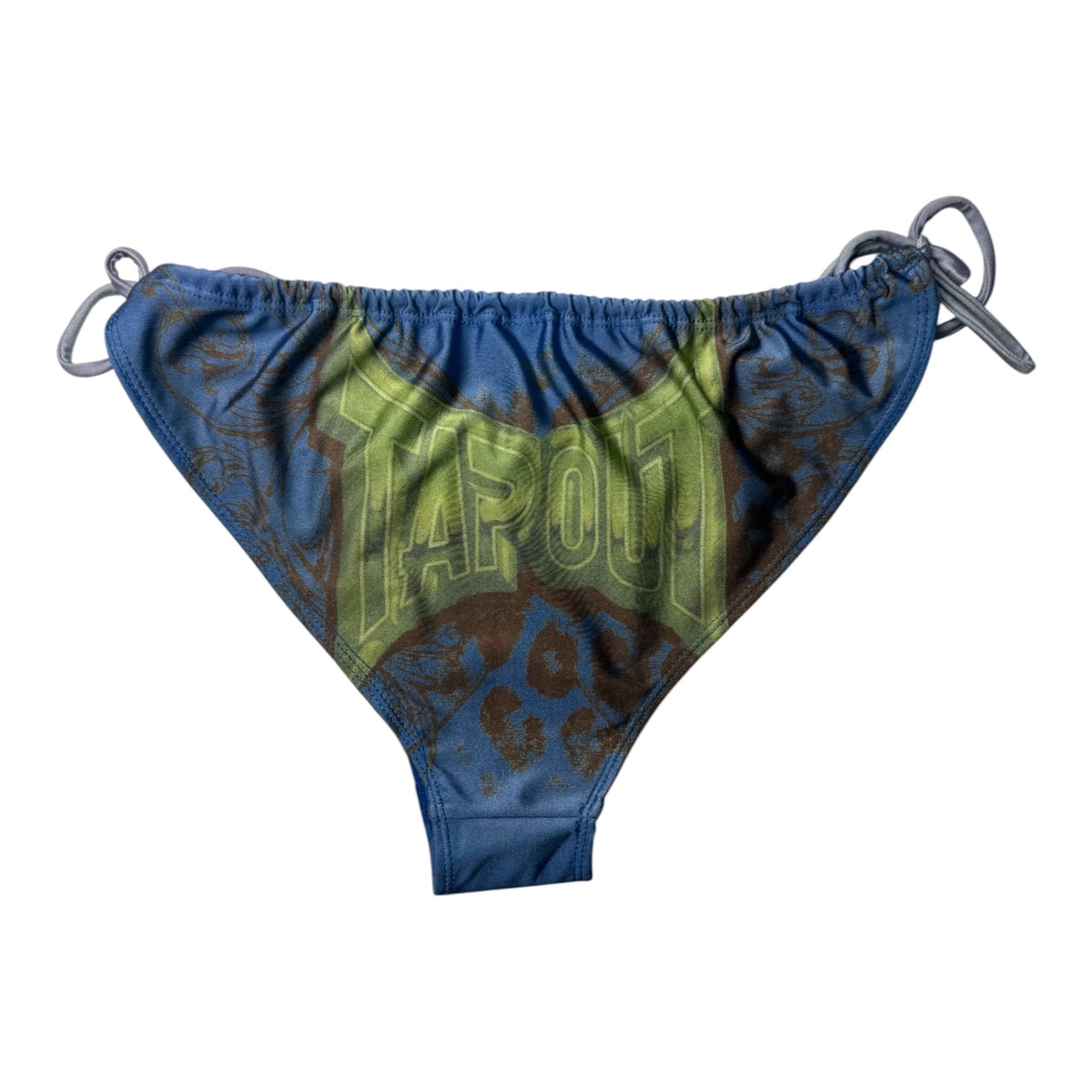 Tapout Bikini Bottoms w/ Green 'TAPOUT' Text on Blue Graphic Background