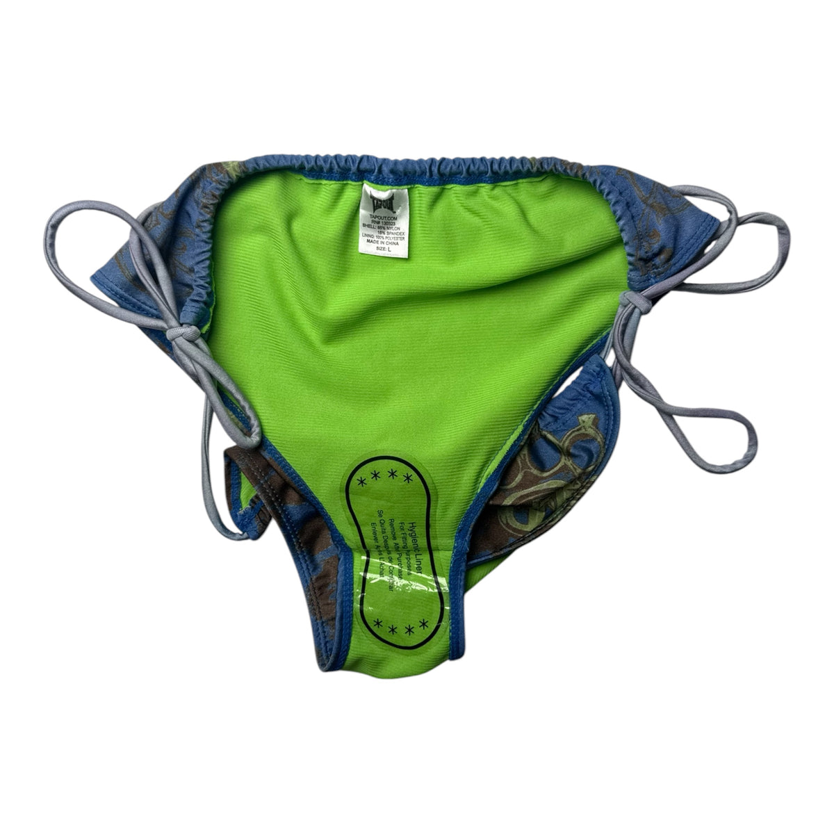 Tapout Bikini Bottoms w/ Green 'TAPOUT' Text on Blue Graphic Background