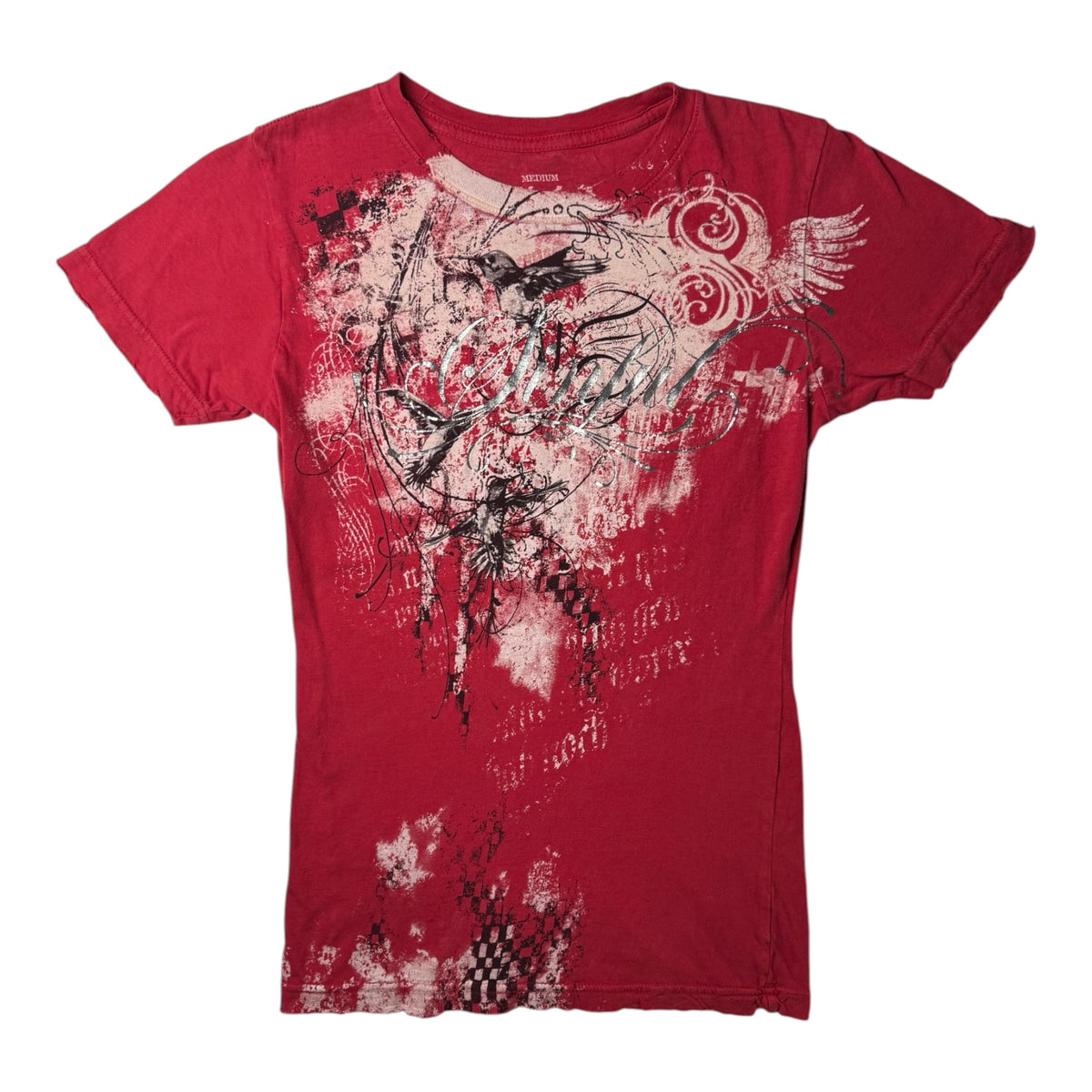 Sinful By Affliction Red Graphic Tee w/ Stylized Bird & Checkered Patterns