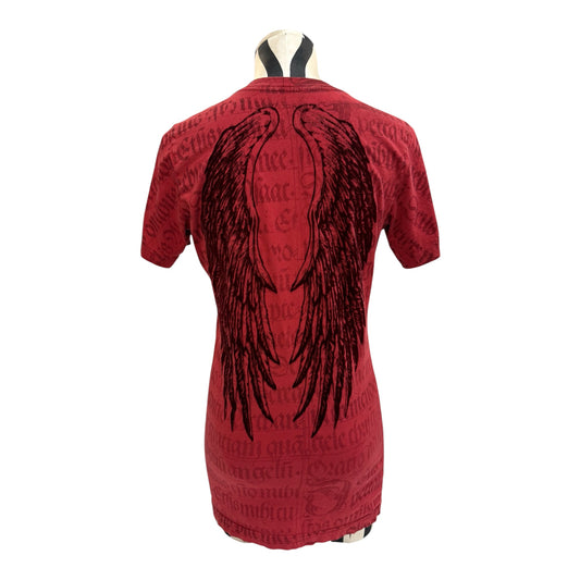 Sinful By Affliction Red V Neck Tee w/ Black Angel Wings Graphic