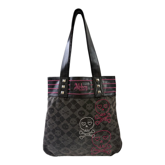 Abbey Dawn Black & Pink Tote Bag w/ Skull & Plaid Pattern