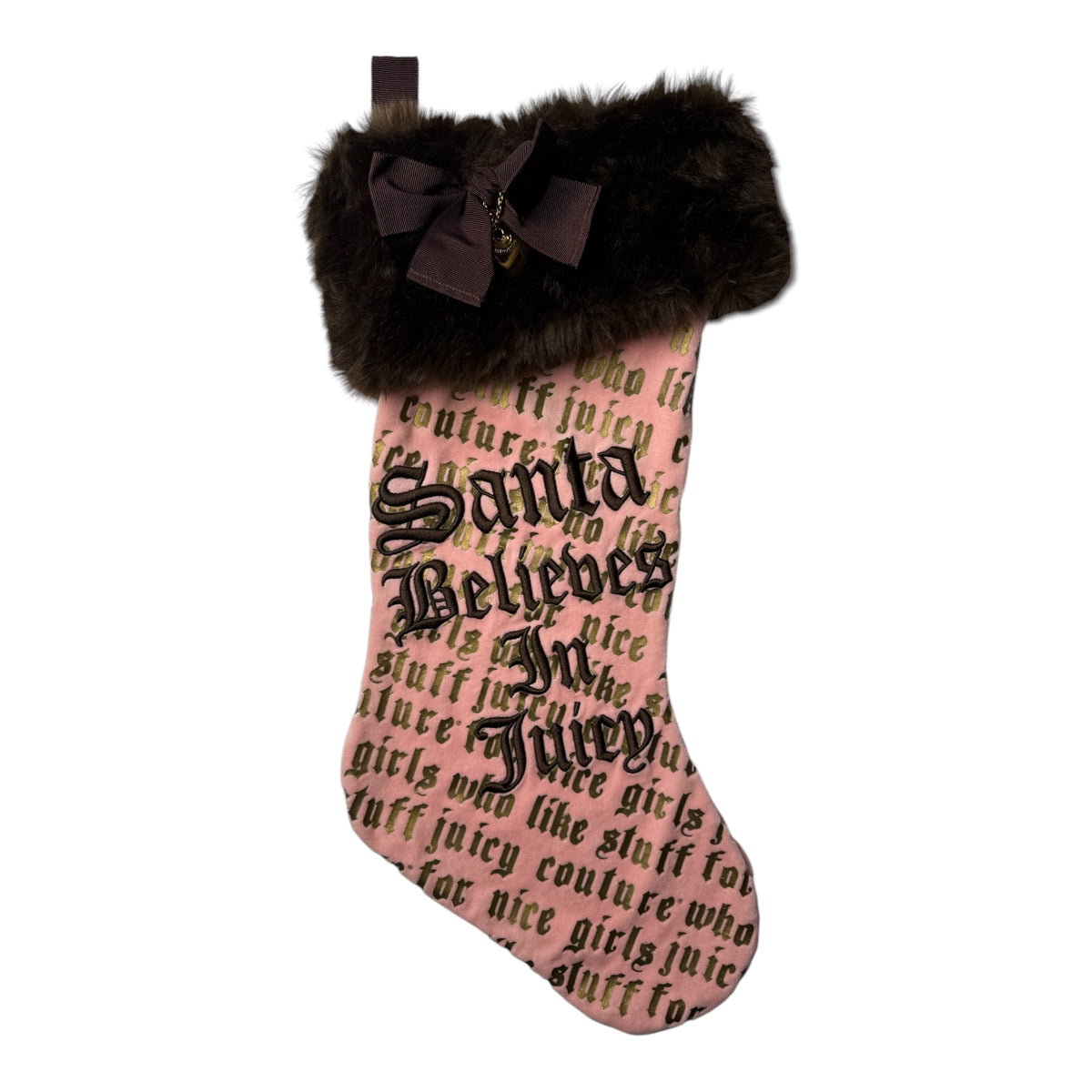 Juicy Couture 'Santa Believes In Juicy' Pink Christmas Stocking w/ Brown Text