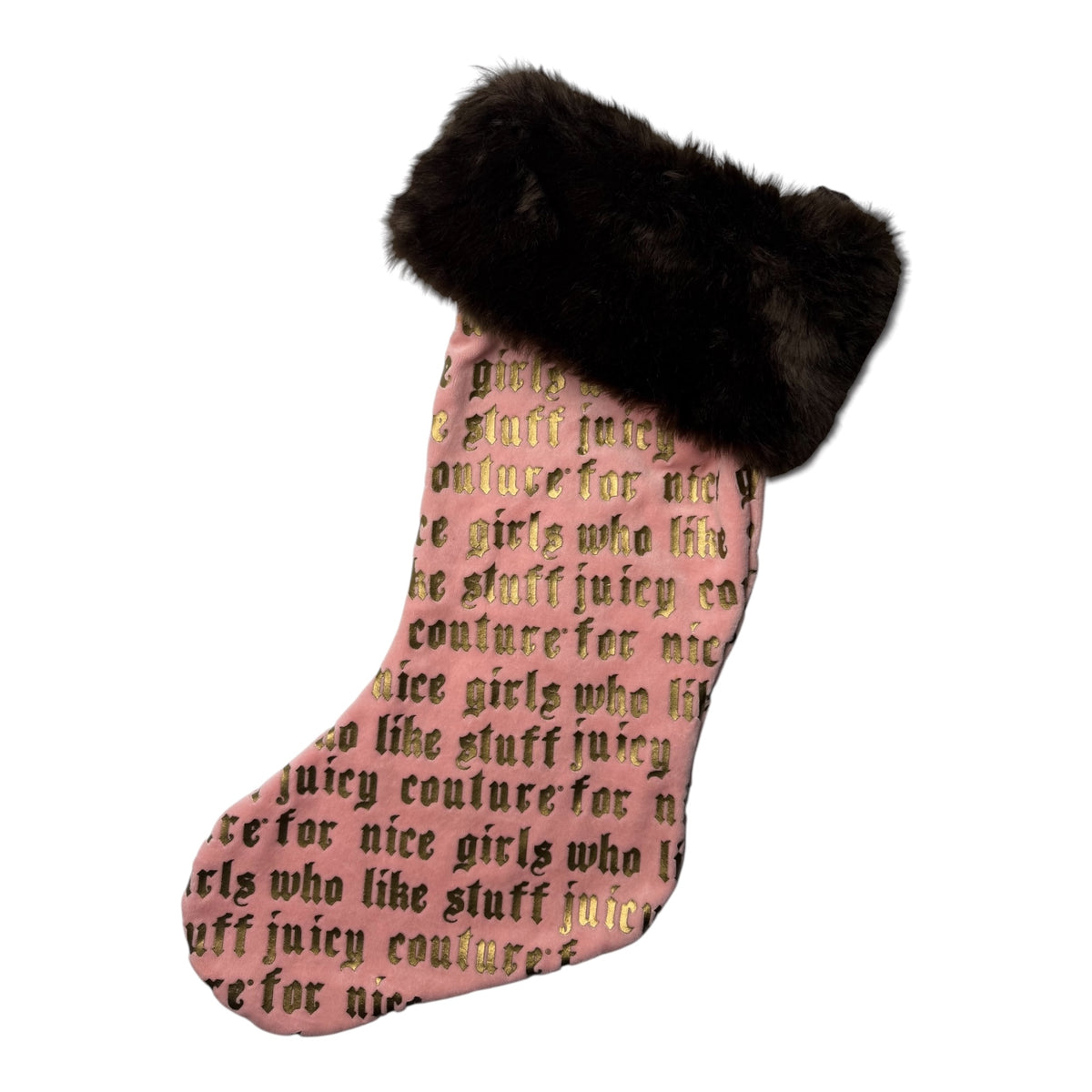 Juicy Couture 'Santa Believes In Juicy' Pink Christmas Stocking w/ Brown Text