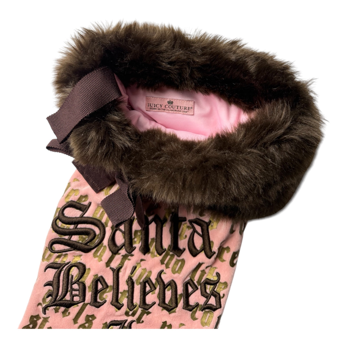 Juicy Couture 'Santa Believes In Juicy' Pink Christmas Stocking w/ Brown Text